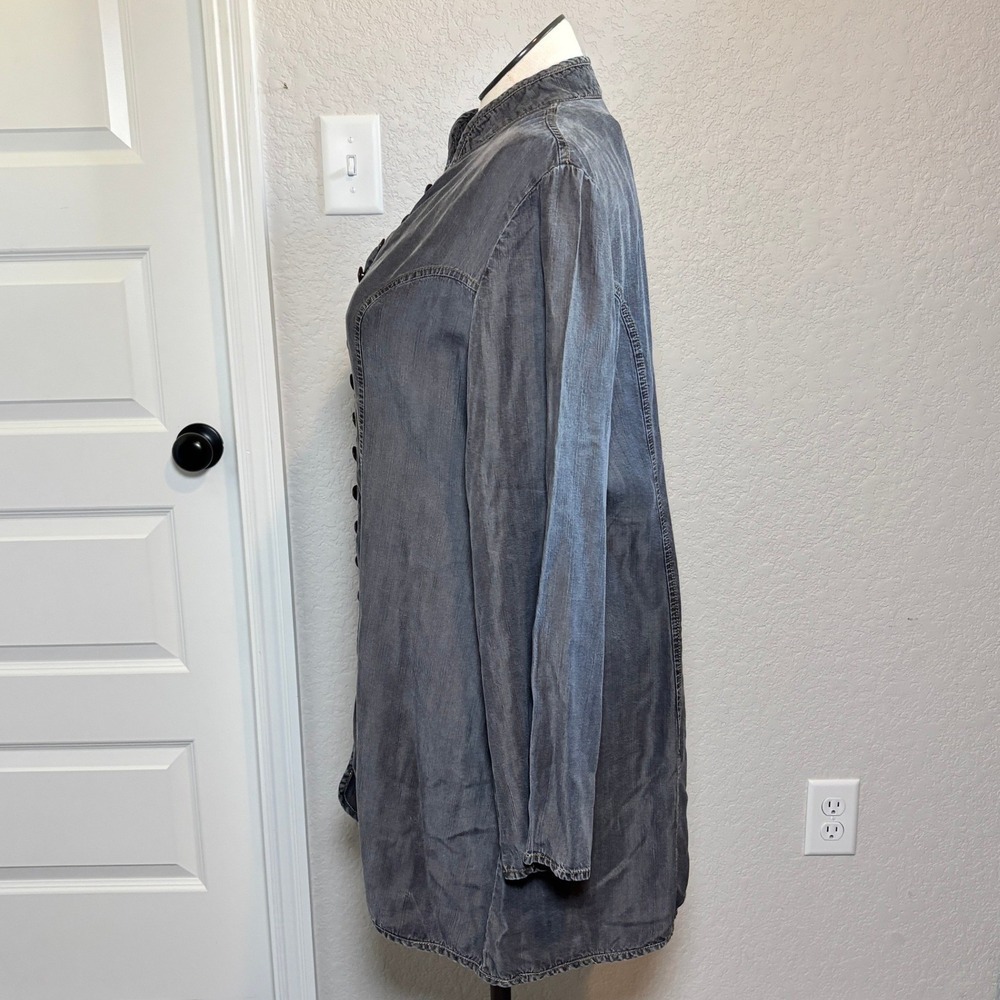 SHUKR Gray Denim Tunic Dress 2XL Mandarin Collar Button Front Modest Lagenlook - Picture 3 of 9